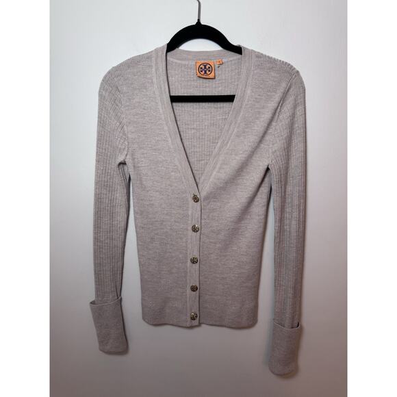 Tory Burch Ribbed Shrunken Simone Cardigan Beige/brown Sz M - Picture 1 of 11
